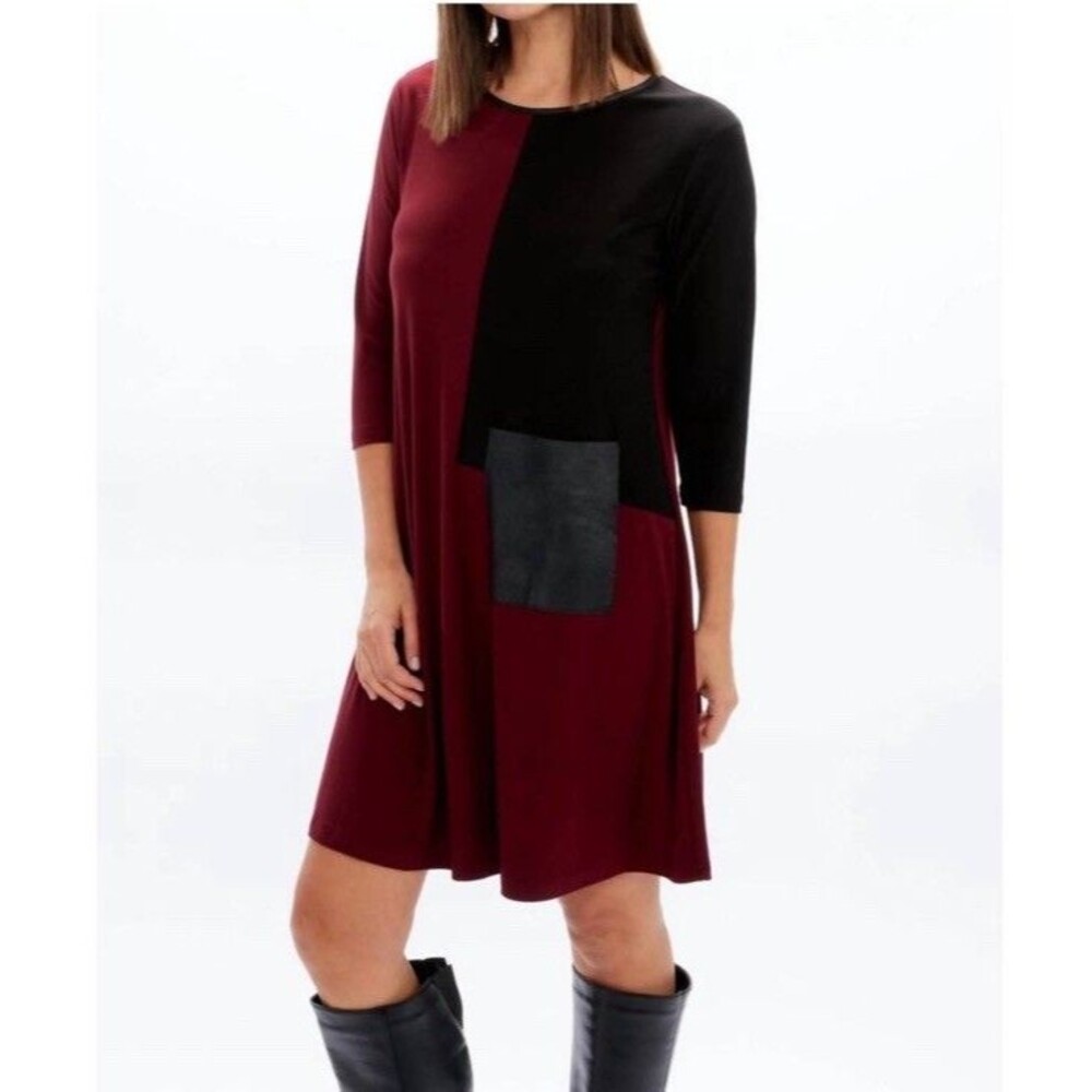 Sympli Canada Colorblock Stretchy Liquid Knit Dress Sz 16 Maroon Black Pocket